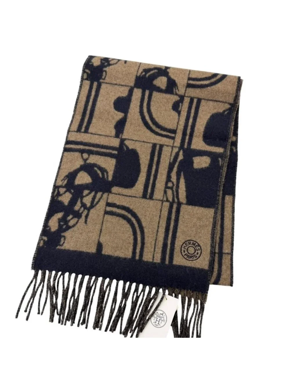 Hermes Brid Gala Cashmere Clou de Selle Embroidery Fringe Scarf Marine Etoupe